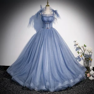 Chic Belle Bleu Ciel Faux Diamant Perle Paillettes Robe De Bal 2022 Princesse Encolure Carrée Sans Manches Dos Nu Longue Promo Robe De Ceremonie