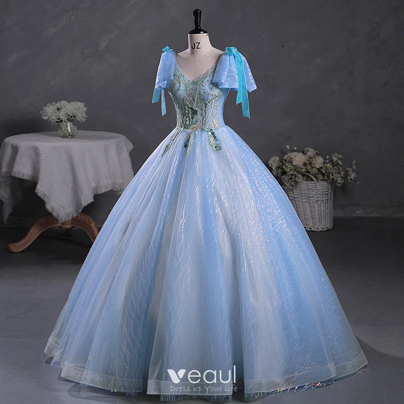Tulle V Neck Short Sleeve Blue Sparkle Prom Dress With Bow Tulle V Neck Short Sleeve Blue Sparkle Prom Dress With Bow
