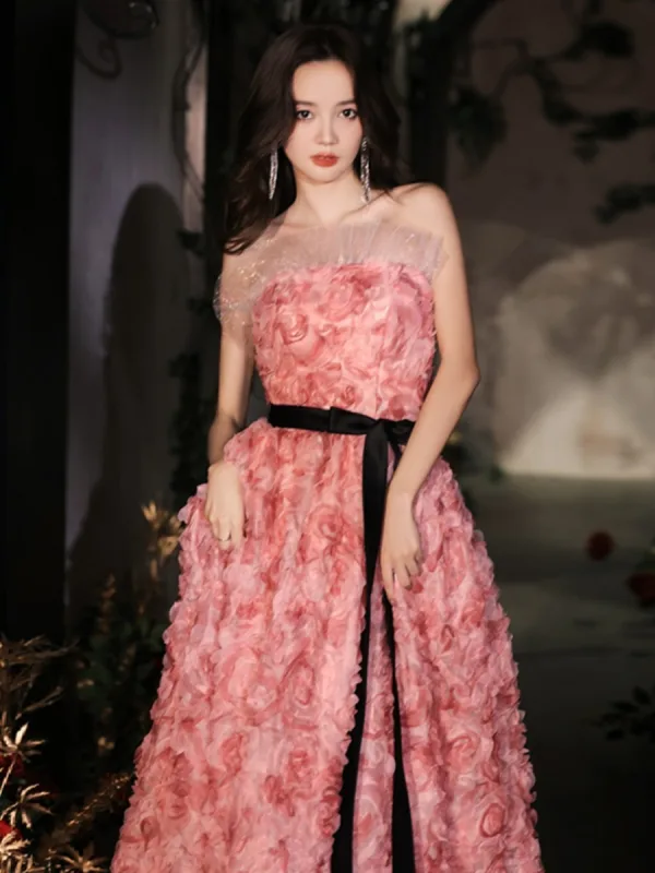 Schöne Rosa Pailletten Applikationen Ballkleider 2023 A Linie Bandeau Ärmellos Rückenfreies Schleife Stoffgürtel Lange Ball Festliche Kleider