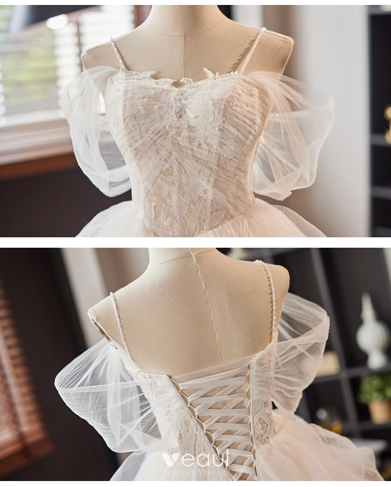 White Lace Spaghetti Strap Short Lace Wedding Dress With Corset