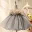 Chic / Beautiful Grey Pearl Sequins Short Birthday Flower Girl Dresses 2024 Ball Gown Scoop Neck Long Sleeve Bow Flower Girl Dresses