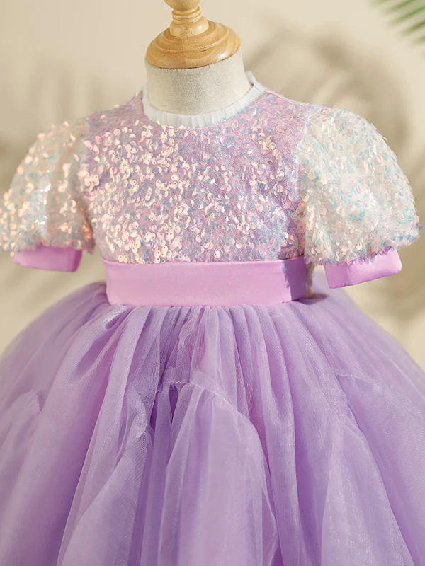 Bling Bling Lavender Beading Sequins Birthday Short Flower Girl Dresses 2024 Ball Gown Scoop Neck Short Sleeve