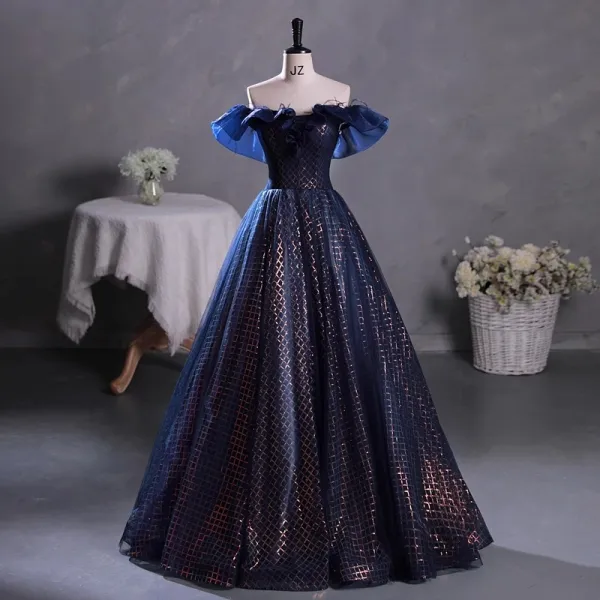 Vintage / Originale Bleu Marine Paillettes Robe De Bal 2023 Robe Boule De l'épaule Gland Sans Manches Dos Nu Longue Promo Robe De Ceremonie
