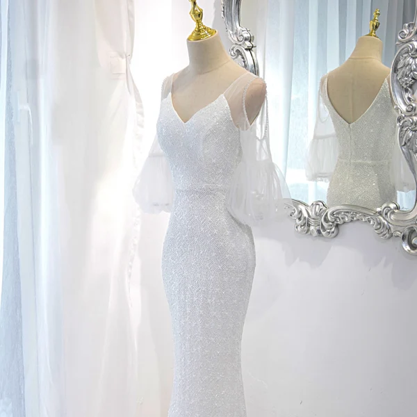 Sparkly White Sequins Evening Dresses 2023 Trumpet / Mermaid V-Neck Short Sleeve Backless Floor-Length / Long Evening Party Formal Dresses