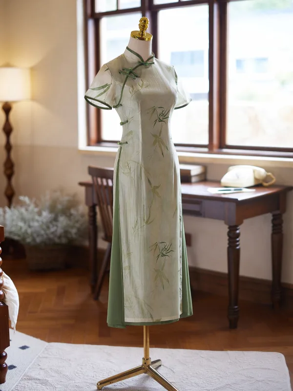 Chinese style Sage Green Printing Summer Tea-length Cheongsam 2024 Trumpet / Mermaid High Neck Short Sleeve