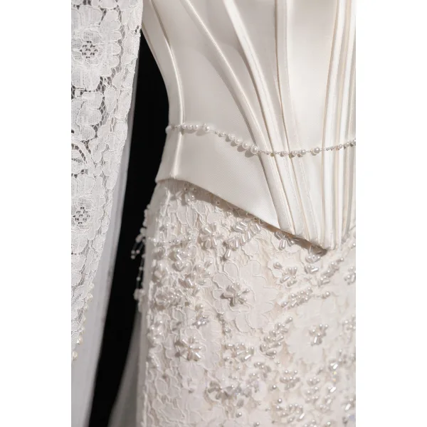 Vintage / Retro Ivory Pearl Lace Flower Corset Wedding Dresses 2026 Trumpet / Mermaid Off-The-Shoulder 3/4 Sleeve Backless Floor-Length / Long Wedding