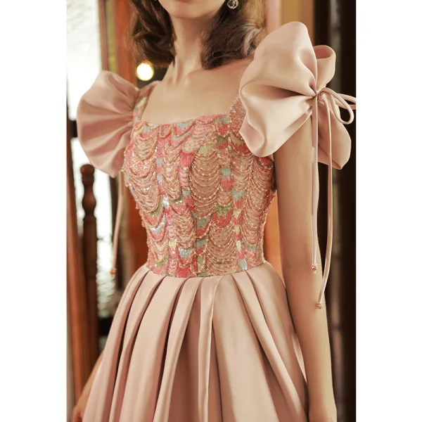 Élégant Rougissant Rose Perlage Paillettes Robe De Bal 2023 Princesse Encolure Carrée Noeud Manches Courtes Dos Nu Longue Promo Robe De Ceremonie