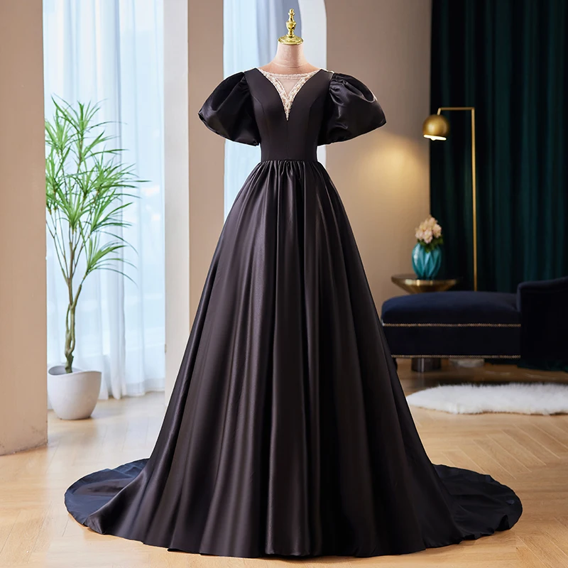 Vintage Retro Black Satin Prom Dresses 2023 Ball Gown Scoop Neck Beading  Pearl Puffy Short Sleeve Sweep Train Prom Formal Dresses