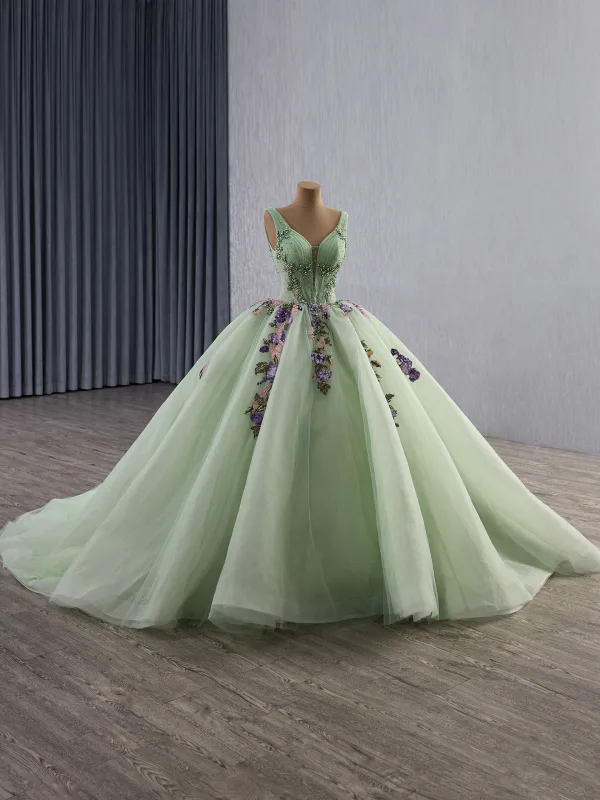 Luxury / Gorgeous Sage Green Beading Pearl Sequins Appliques Lace Flower Prom Dresses 2025 Ball Gown V-Neck Sleeveless Backless Chapel Train