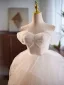 Modest / Simple White Pearl Short Wedding Dresses 2024 Ball Gown Off-The-Shoulder Short Sleeve Backless Tulle Wedding