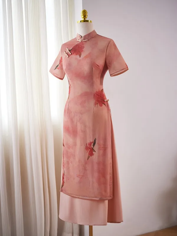 Chinese style Blushing Pink Printing Split Front Cheongsam 2024 Trumpet / Mermaid High Neck Short Sleeve Prom Floor-Length / Long