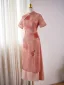 Chinese style Blushing Pink Printing Split Front Cheongsam 2024 Trumpet / Mermaid High Neck Short Sleeve Prom Floor-Length / Long