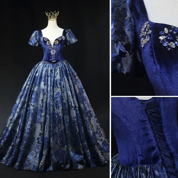 Vintage / Retro Ocean Blue Prom Dresses 2023 Ball Gown Rhinestone Square Neckline Puffy Short Sleeve Backless Floor-Length / Long Prom Formal Dresses
