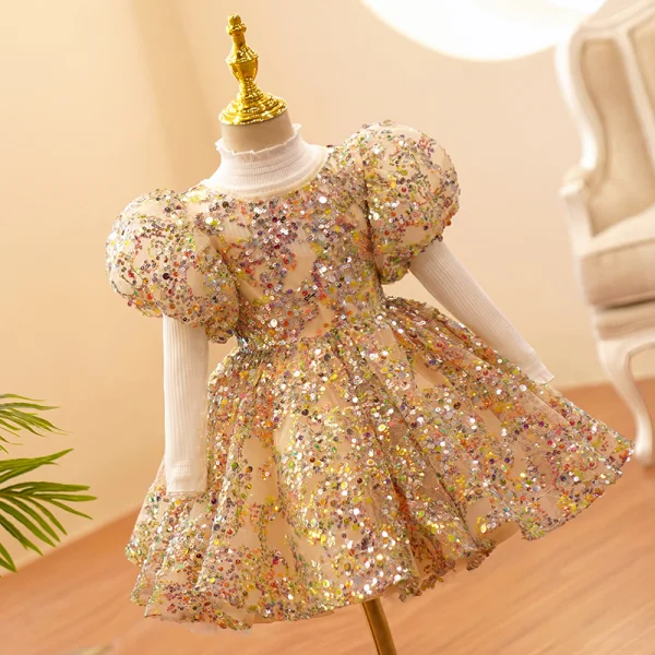Scintillantes Doré Paillettes Anniversaire Courte Robe Ceremonie Fille 2022 Robe Boule Encolure Dégagée Gonflée Manches Courtes Noeud Robe Ceremonie Fille
