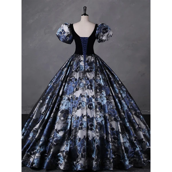 Vintage / Retro Navy Blue Floral Rhinestone Prom Dresses 2023 Ball Gown Square Neckline Short Sleeve Backless Floor-Length / Long Prom Formal Dresses