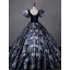Vintage / Retro Navy Blue Floral Rhinestone Prom Dresses 2023 Ball Gown Square Neckline Short Sleeve Backless Floor-Length / Long Prom Formal Dresses