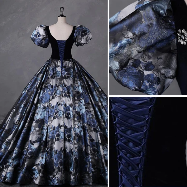 Vintage / Retro Navy Blue Floral Rhinestone Prom Dresses 2023 Ball Gown Square Neckline Short Sleeve Backless Floor-Length / Long Prom Formal Dresses
