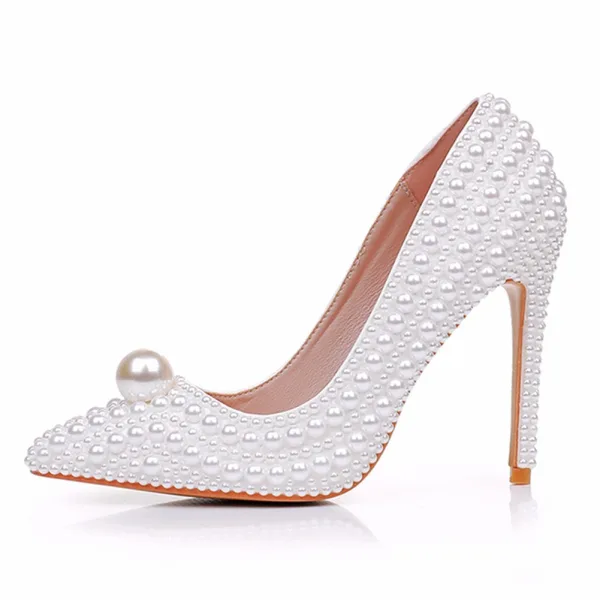 Elegante Witte Parel Bruidsschoenen 2025 11 cm Naaldhakken / Stiletto Spitse Neus Huwelijk Pumps Hoge Hakken