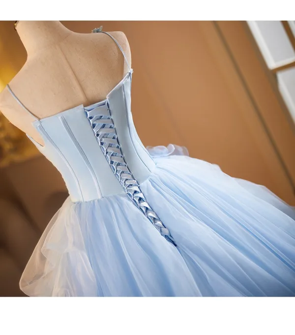 Chic / Beautiful Sky Blue Cascading Ruffles Appliques Prom Dresses 2025 Ball Gown Spaghetti Straps Sleeveless Backless Floor-Length / Long Prom Formal Dresses