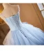 Chic / Beautiful Sky Blue Cascading Ruffles Appliques Prom Dresses 2025 Ball Gown Spaghetti Straps Sleeveless Backless Floor-Length / Long Prom Formal Dresses