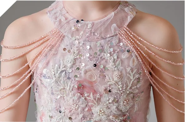 Charming Blushing Pink Beading Tassel Sequins Lace Flower Floor-Length / Long Birthday Flower Girl Dresses 2024 Ball Gown Scoop Neck Sleeveless Tulle