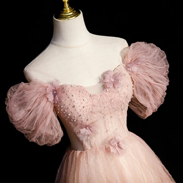 Chic / Belle Rougissant Rose Appliques Paillettes Robe De Bal 2023 Princesse De l'épaule Perle Faux Diamant Manches Courtes Dos Nu Longue Robe De Ceremonie