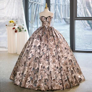 Vintage Champagner Blumen Ballkleider Ballkleid 2023 Bandeau Ärmellos Rückenfreies Lange Ball Festliche Kleider