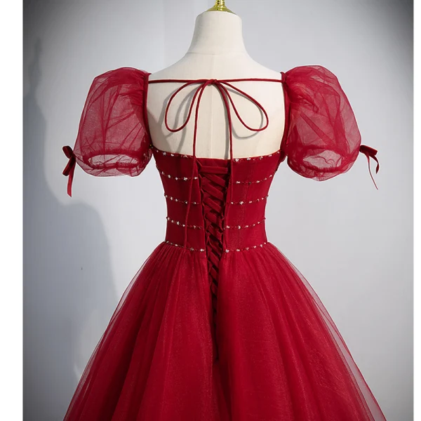 Chic / Belle Bordeaux Robe De Bal 2022 Princesse Encolure Carrée Paillettes Gonflée Manches Courtes Dos Nu Noeud Longue Promo Robe De Ceremonie