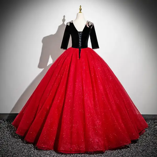 Vintage / Retro Burgundy Beading Sequins Prom Dresses 2025 Ball Gown V-Neck Short Sleeve Backless Floor-Length / Long Prom Formal Dresses