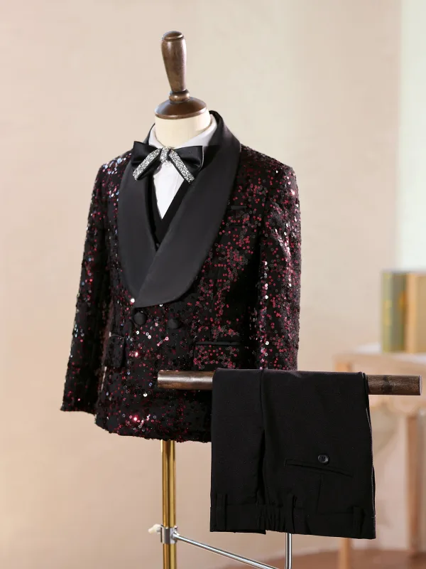 Scintillantes Bordeaux Paillettes Manches Longues 5 pièces Costume Garçon Mariage 2025 Manteau Pantalon Chemise Cravate Gilet