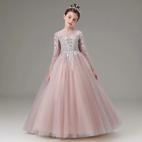 Elegant Blushing Pink Beading Rhinestone Lace Flower Birthday Flower Girl Dresses 2025 Ball Gown Scoop Neck Long Sleeve Floor-Length / Long