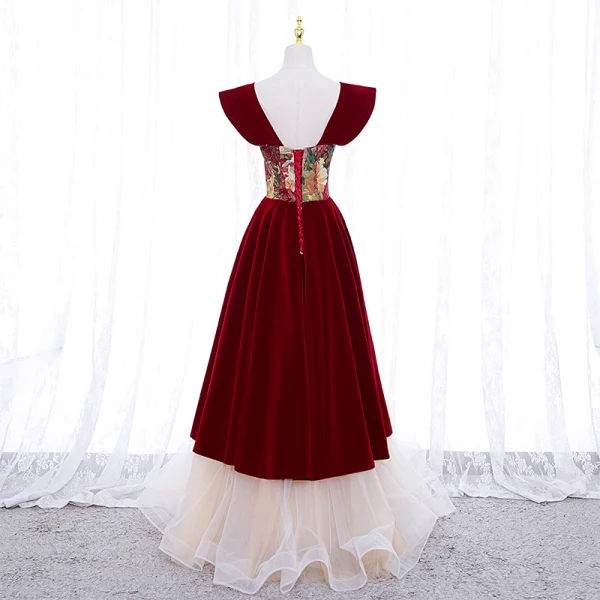 Vintage / Retro Burgundy Suede Printing Prom Dresses 2022 A-Line / Princess Square Neckline Short Sleeve Backless Floor-Length / Long Formal Dresses