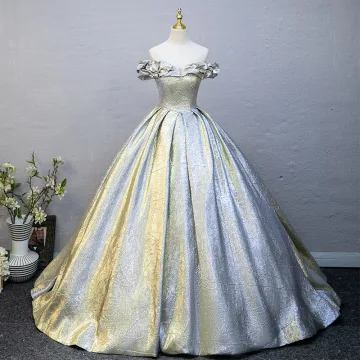 Classique Argenté Glitter Robe De Bal 2025 Robe Boule Volants De L Épaule Manches Courtes Dos Nu Longue Promo Robe De Ceremonie