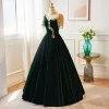 Vintage / Retro Dark Green Velvet Beading Rhinestone Tassel Prom Dresses 2023 A-Line / Princess High Neck Short Sleeve Backless Floor-Length / Long Formal Dresses