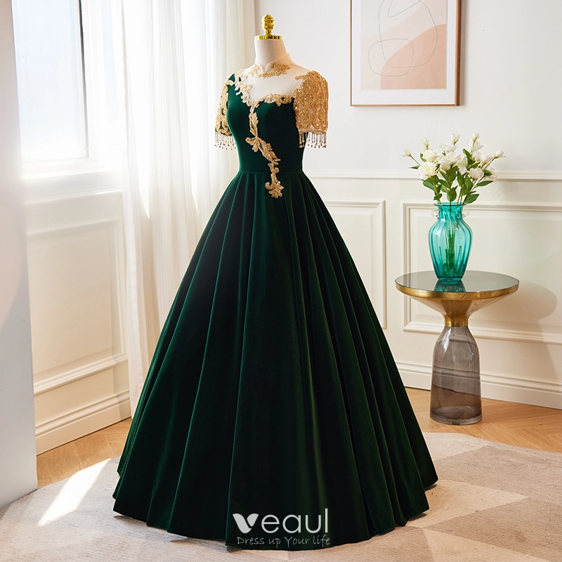Vintage / Retro Dark Green Velvet Beading Rhinestone Tassel Prom Dresses  2023 A-Line / Princess High Neck Short Sleeve Backless Floor-Length / Long Formal  Dresses