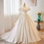 Elegant White Appliques Satin Wedding Dresses 2023 Ball Gown Scoop Neck Puffy Short Sleeve Backless Sweep Train Wedding