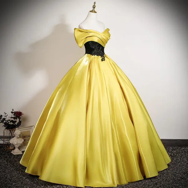 Vintage / Retro Yellow Lace Flower Prom Dresses 2025 Ball Gown Off-The-Shoulder Short Sleeve Backless Floor-Length / Long Prom Formal Dresses