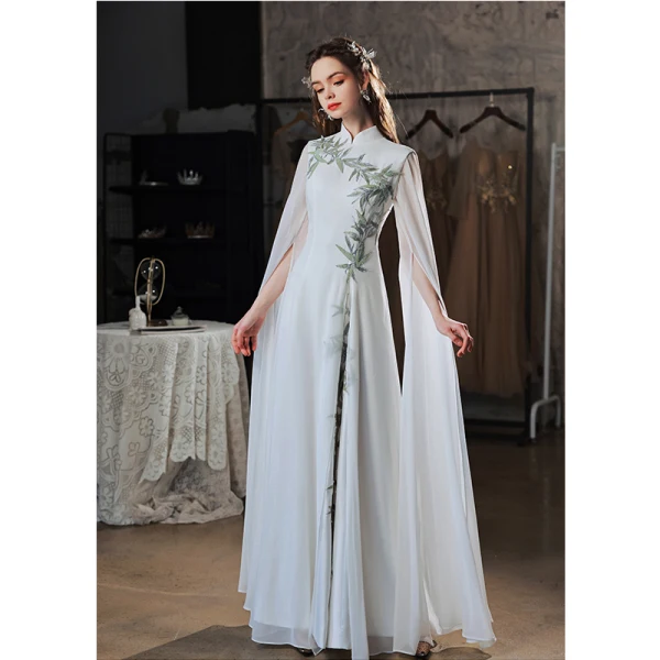 Chinese style Ivory Beading Lace Flower Evening Dresses  Cheongsam 2022 A-Line / Princess High Neck Long Sleeve Split Front Floor-Length / Long Cheongsam / Qipao