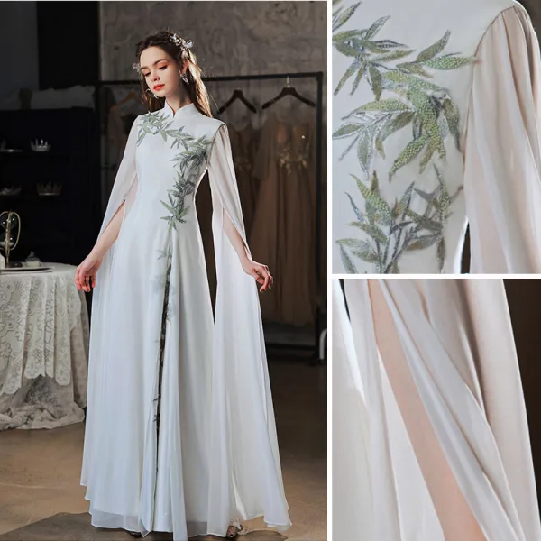 Chinese style Ivory Beading Lace Flower Evening Dresses  Cheongsam 2022 A-Line / Princess High Neck Long Sleeve Split Front Floor-Length / Long Cheongsam / Qipao