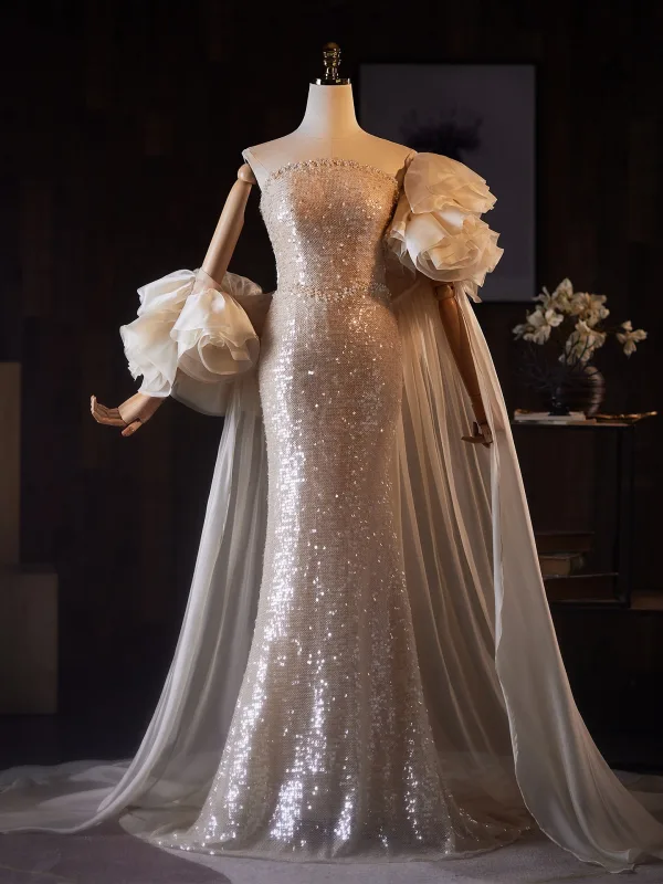 Luxe Scintillantes Champagne Paillettes Robe De Soirée 2026 Trompette / Sirène Bustier Gonflée Manches Courtes Dos Nu Train De Balayage Robe De Ceremonie