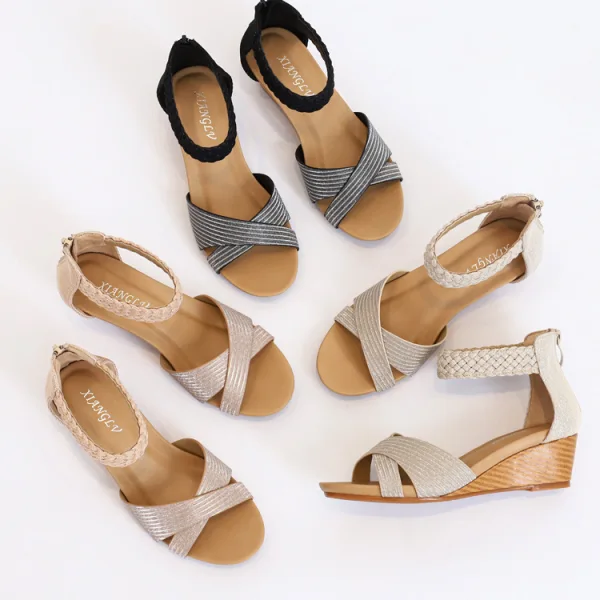 Romeins Champagne Straatkleding Vlecht Sandalen Dames 2022 Enkelband 5 cm Sleehakken Peep Toe Sandalen