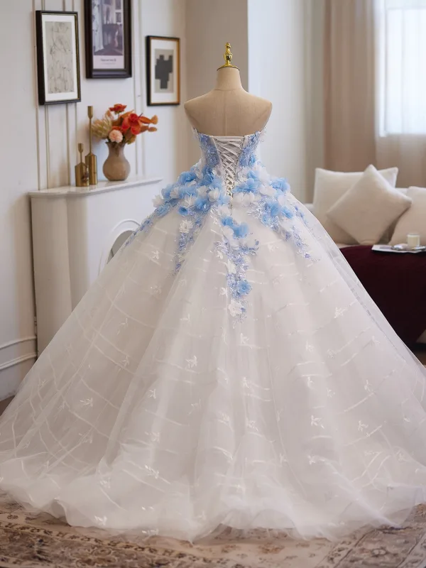 Charmant Haut de Gamme Blanche Fait main Perle En Dentelle Fleur Appliques Robe De Bal 2025 Robe Boule Bustier Sans Manches Dos Nu Train De Balayage