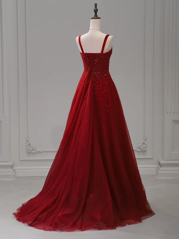Bling Bling Burgundy Beading Sequins Evening Dresses 2026 A-Line / Princess Spaghetti Straps Sleeveless Backless Sweep Train