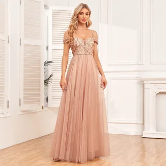 Chic Beautiful Gold Sequins Evening Dresses 2024 A Line Princess Spaghetti Straps Sleeveless Backless Floor Length Long Prom Formal Dresses
