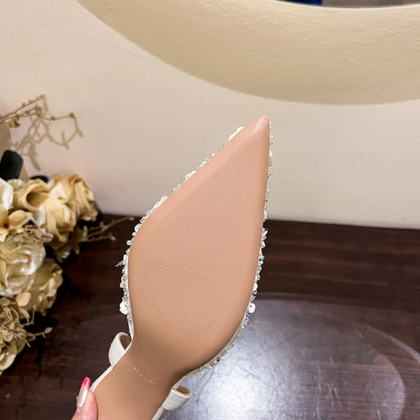 Schöne Weiß Spitze Perlenstickerei Pailletten Brautschuhe 2024 6 cm Stilettos Spitzschuh Hochzeit Sandaletten Hochhackige