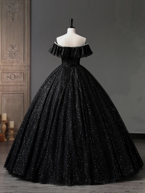 Charming Black Pearl Sequins Prom Dresses 2023 Ball Gown Off-The-Shoulder Short Sleeve Backless Floor-Length / Long Prom Formal Dresses