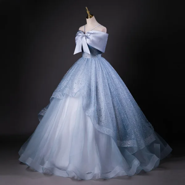 Bling Bling Sky Blue Bow Pearl Sequins Prom Dresses 2026 Ball Gown Spaghetti Straps Sleeveless Backless Floor-Length / Long Formal Dresses