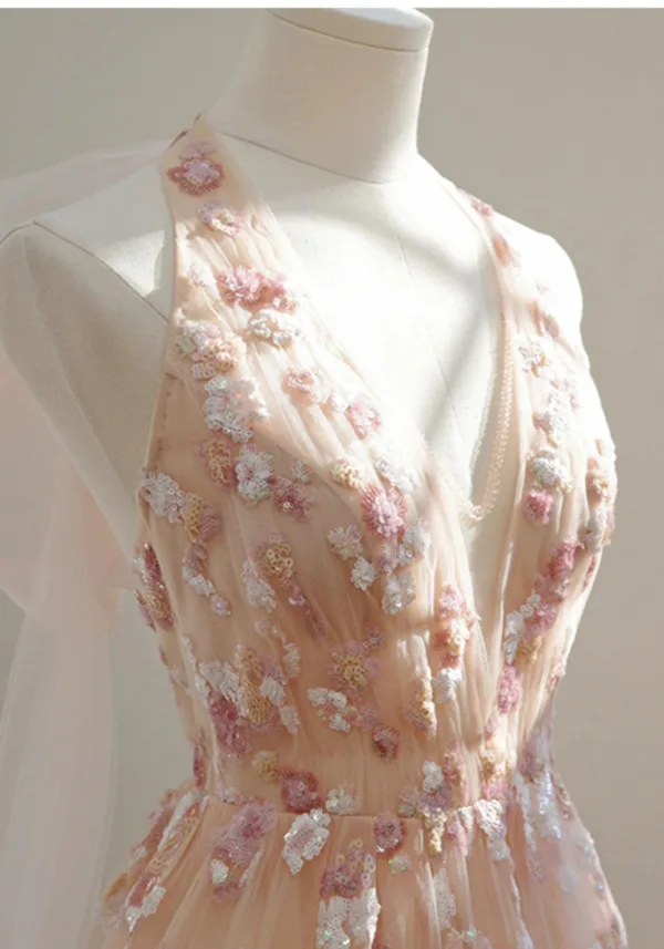 Chic / Beautiful Blushing Pink Floral Prom Dresses 2025 A-Line / Princess Halter Sleeveless Backless Floor-Length / Long Formal Dresses