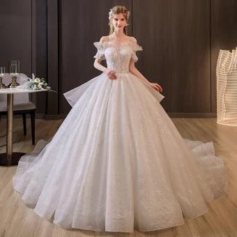 Vintage Originale Charmant Ivoire Perlage Paillettes Robe De Mariée 2022 Robe Boule De L Épaule Manches Courtes Dos Nu Royal Train Mariage