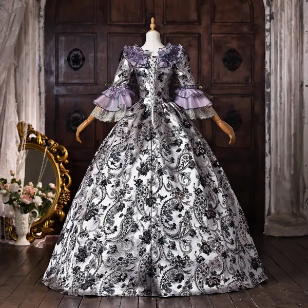 Vintage Mittelalterlich Violett Stickerei Ballkleider 2026 Ballkleid Rundhalsausschnitt Glockenhülsen Lange Festliche Kleider